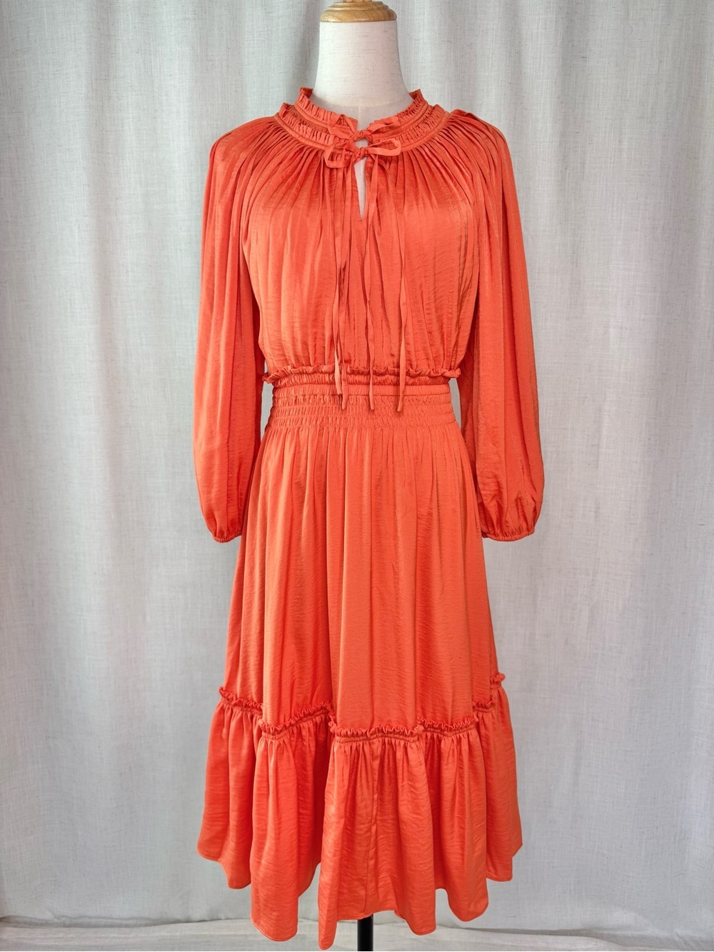 Kobi Halperin Kassi Midi Dress Tangerine Smocked Tie Neck Long Sleeve Size Small